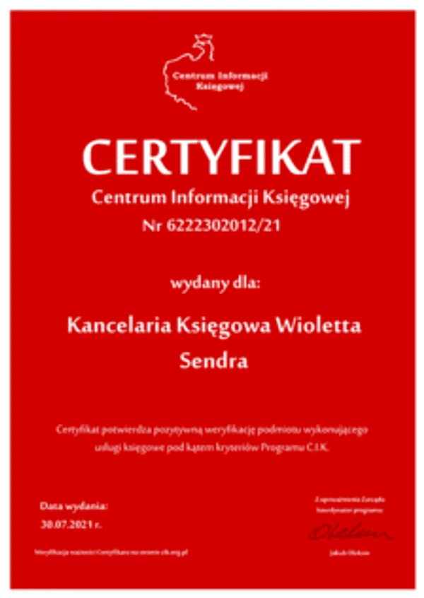 Certyfikat Kancelarii Księgowej CIK – Centrum Informacji Księgowej